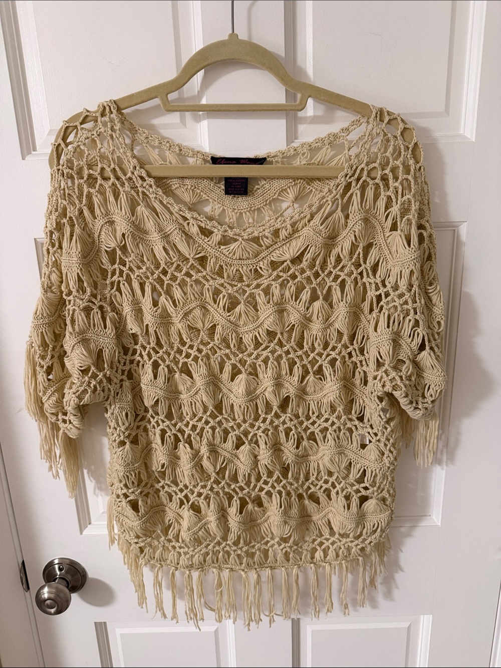Elena Wang Cream Crochet Fringe Short Sleeve Top Boho Festival Knit XS